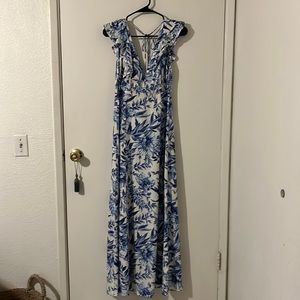 Blue & white floral printed linen dress, XS